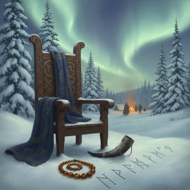 Un large siège, un collier d'ambre, une corne, des runes tracées dans la neige